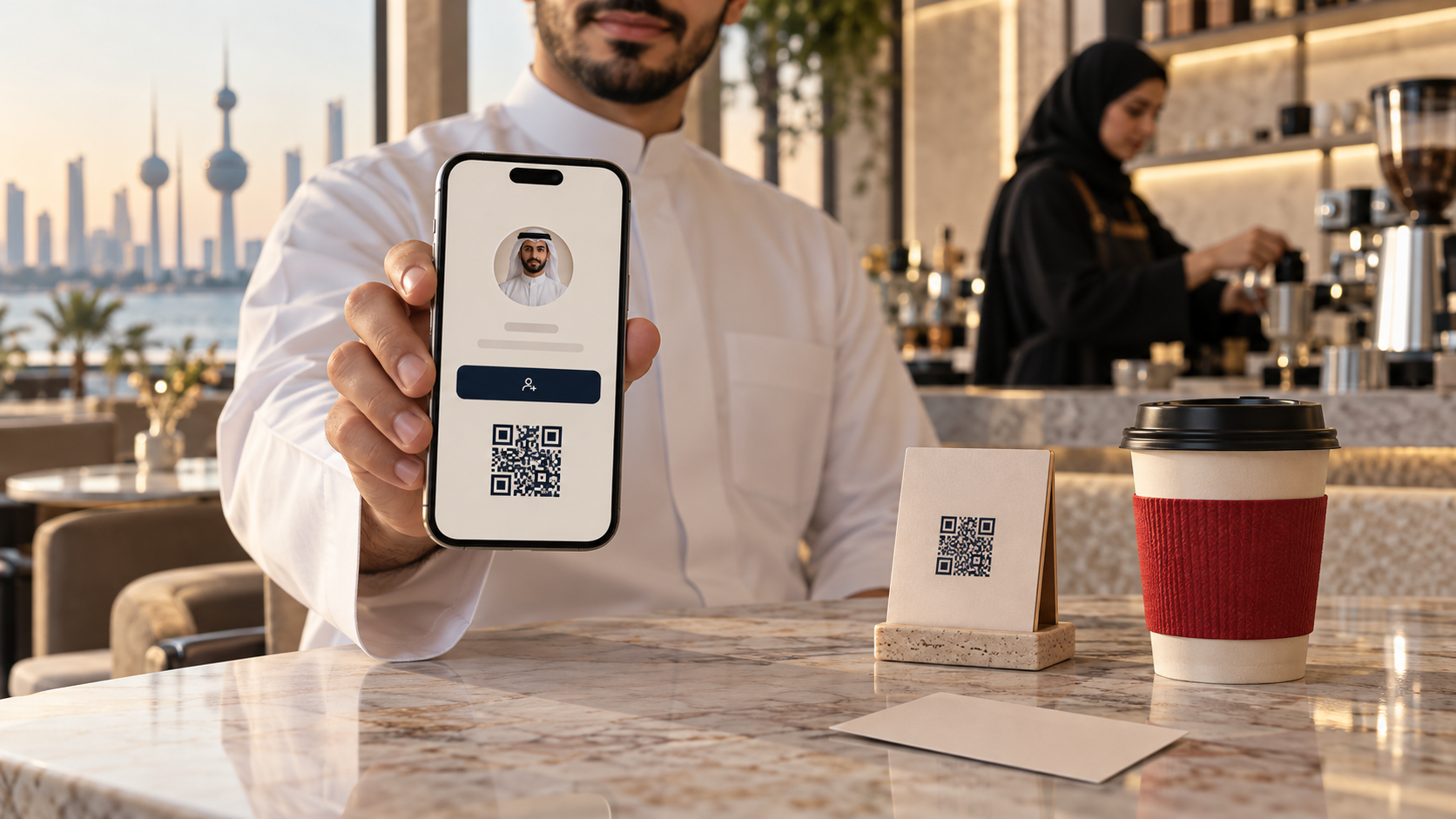 A man in a white dishdasha shows a digital business card with a QR code on his phone at a Kuwait cafe counter