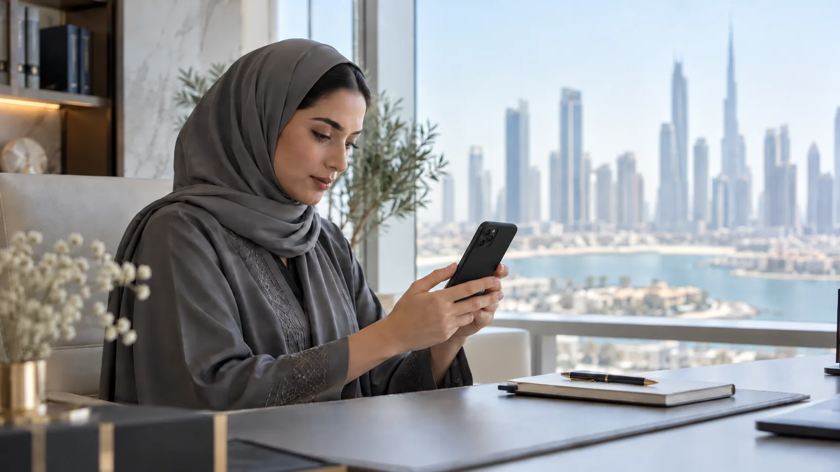 A professional reviewing her public profile on a phone in a quiet office