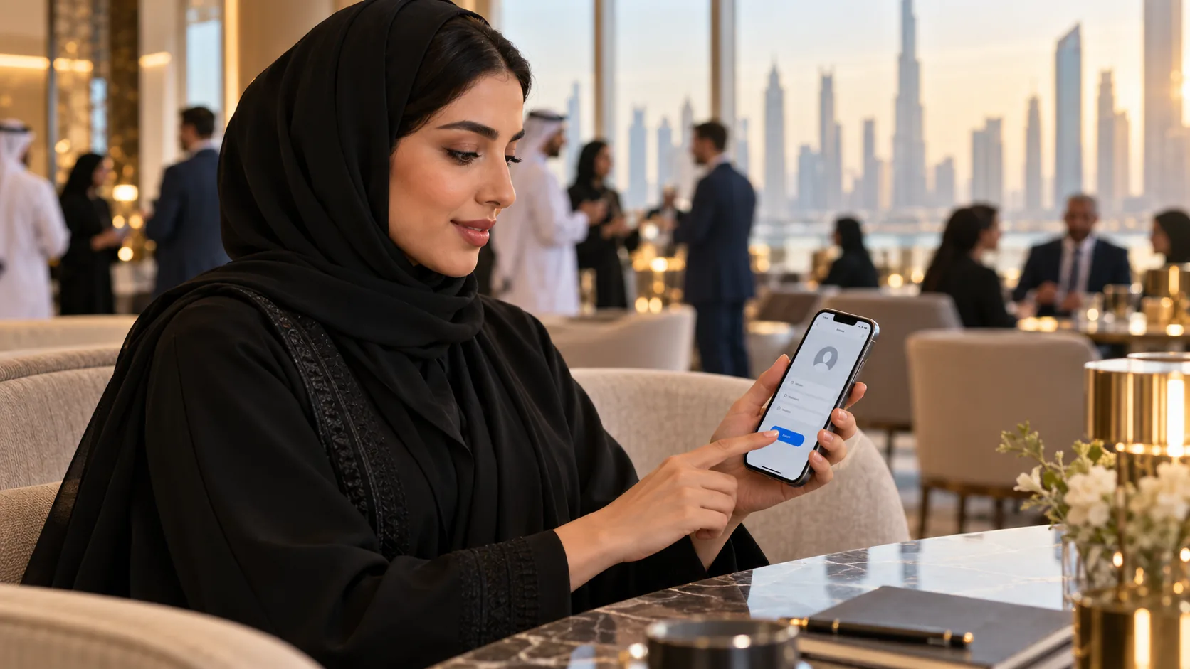 A businesswoman in an abaya saving a new contact on her phone at a conference table