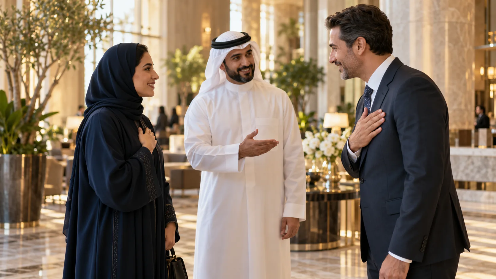 Three professionals meeting in a Gulf hotel lobby as one introduces the other two