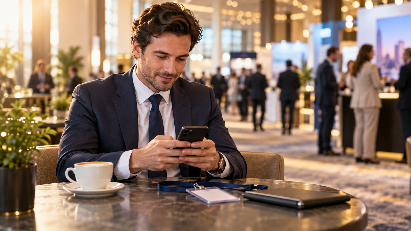 A professional writing a follow-up message on a phone at a cafe table just after a conference meeting, badge beside the coffee cup