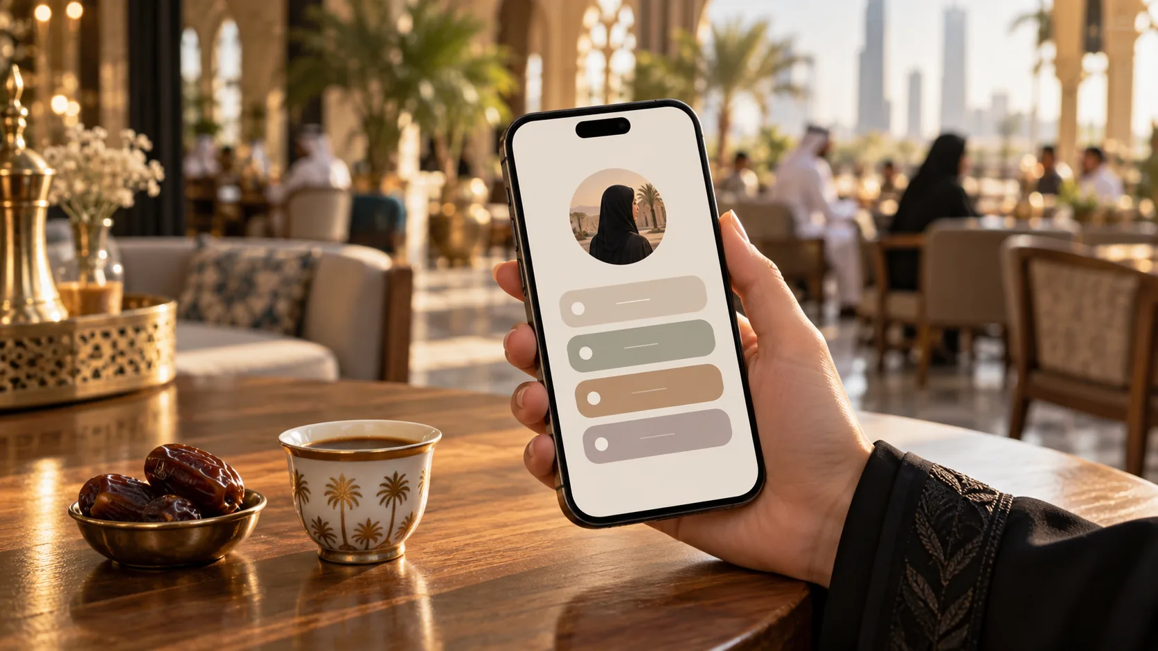 A smartphone showing a profile page with a short list of links, held over a café table