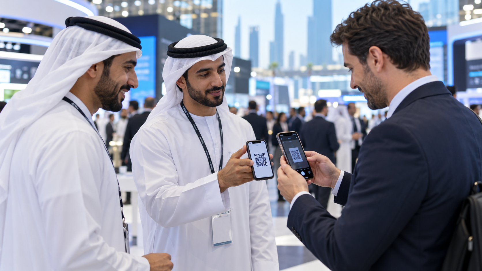 Professionals exchanging contact details by scanning a QR code on a phone, in a busy technology exhibition hall in Dubai