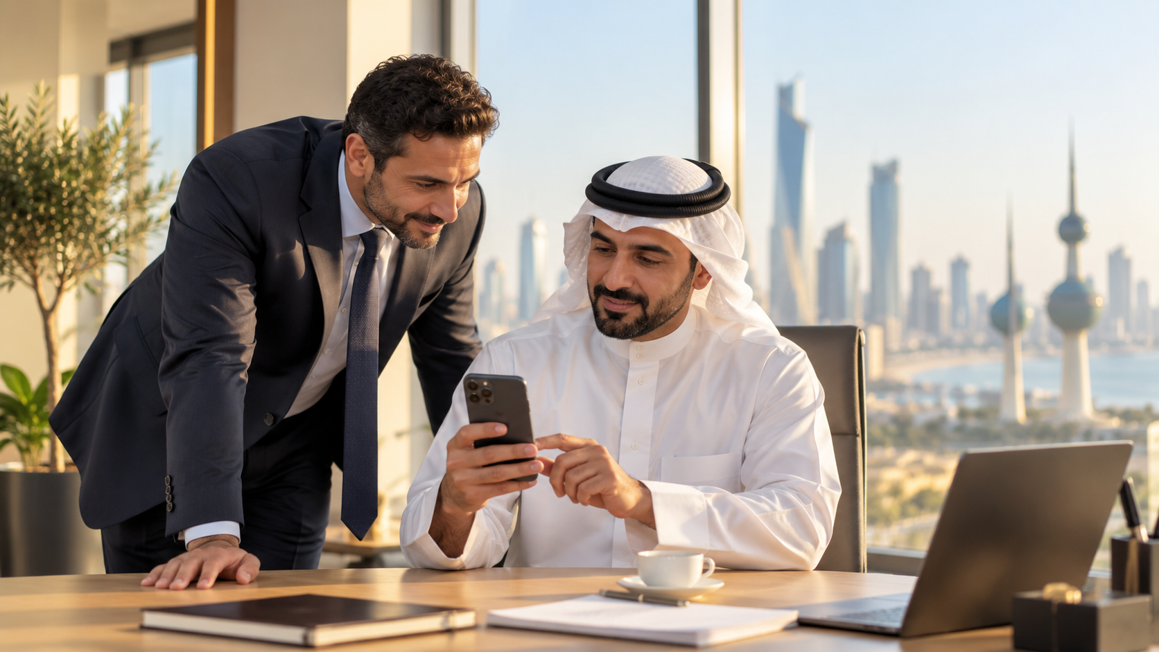 A Kuwaiti professional and a colleague looking at a bilingual Arabic and English profile on a phone, in a Kuwait City office
